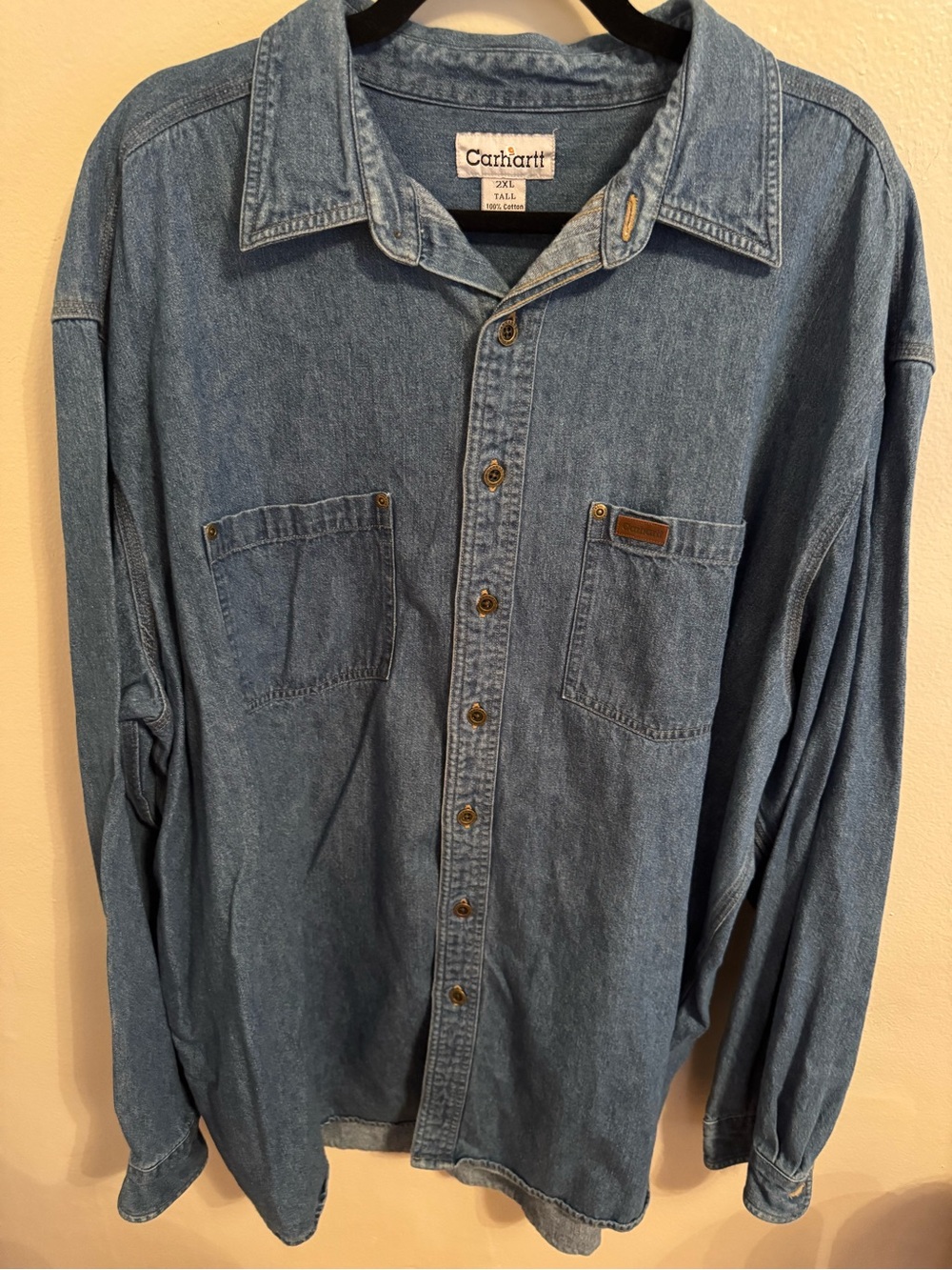 Carhartt Denim Shirt 2XL Tall Vintage Style Blue Button Down Leather 100% Cotton